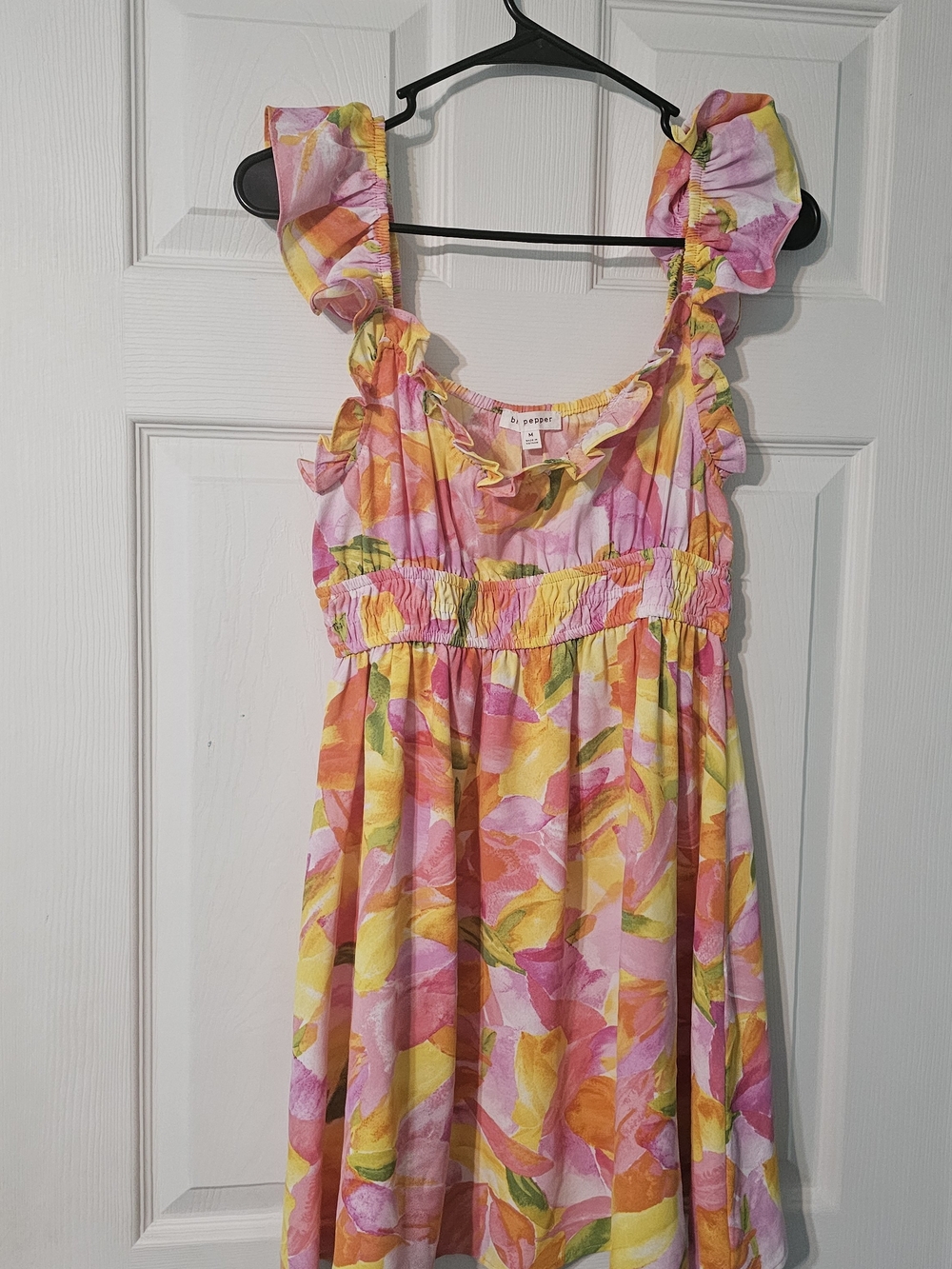 Blu Pepper Ruffle Strap Dress in Pink, Yellow & Orange